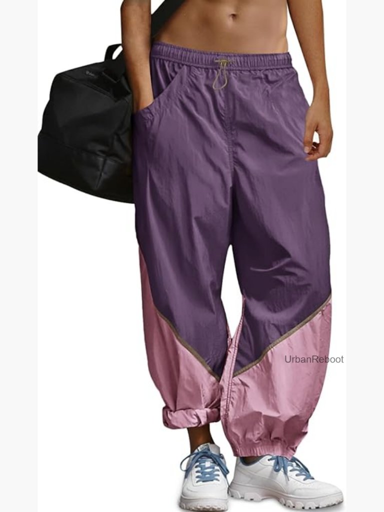 Baggy Wide Leg Pants Elastic Waist Color Block Track Pants With Pockets